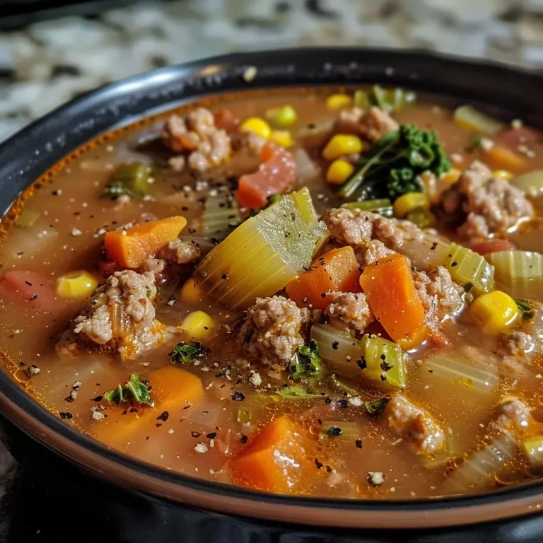 ['Close-up view of a bowl of ground turkey vegetable soup with colorful vegetables visible.', 'Side angle of a hearty ground turkey vegetable soup, showcasing carrots, celery, and leafy greens.', 'Detailed shot of a steaming bowl of ground turkey vegetable soup filled with diced tomatoes and corn.', 'Vibrant ground turkey vegetable soup garnished with fresh parsley, served in a rustic bowl.']