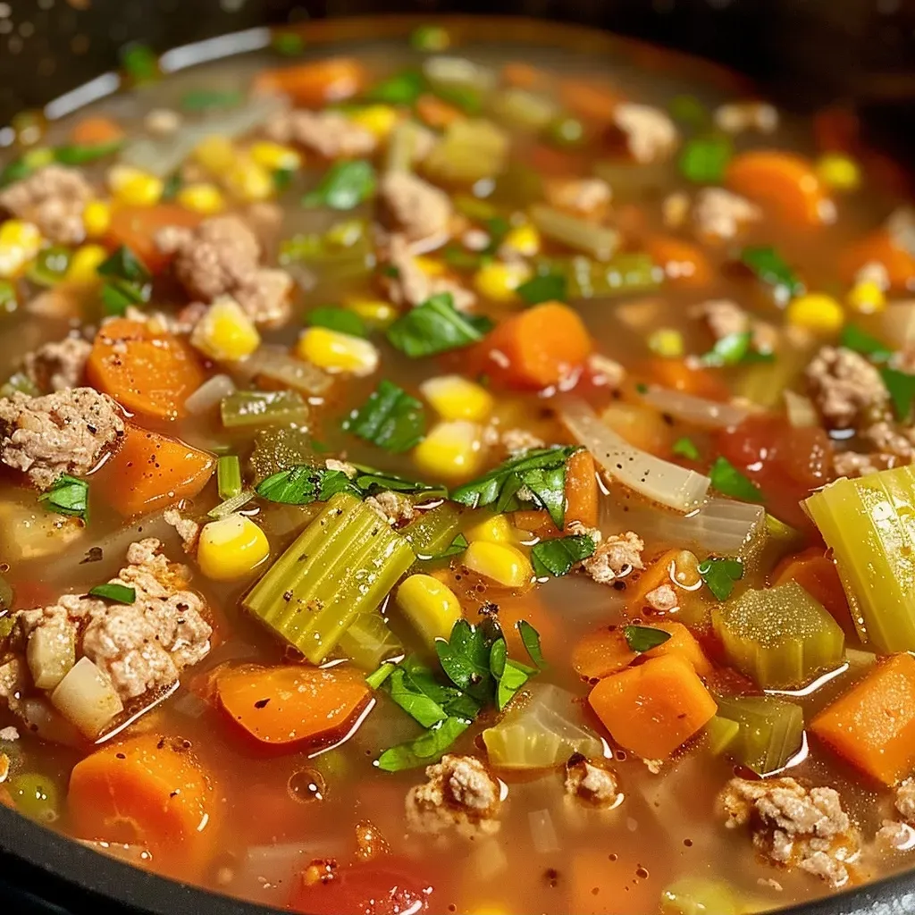 ['Close-up view of a bowl of ground turkey vegetable soup with colorful vegetables visible.', 'Side angle of a hearty ground turkey vegetable soup, showcasing carrots, celery, and leafy greens.', 'Detailed shot of a steaming bowl of ground turkey vegetable soup filled with diced tomatoes and corn.', 'Vibrant ground turkey vegetable soup garnished with fresh parsley, served in a rustic bowl.']