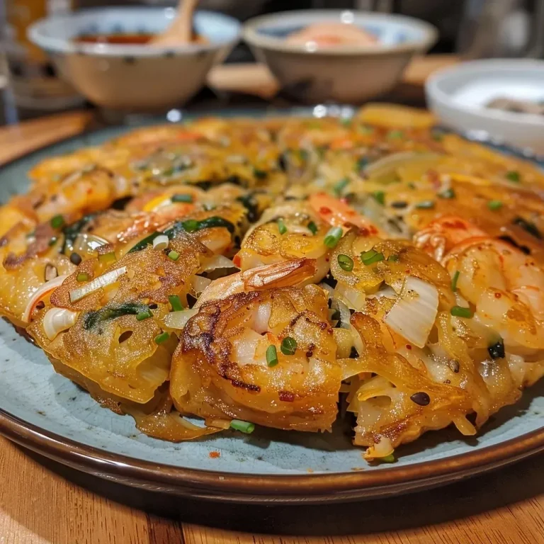 ['Close-up view of a juicy Haemul Pajeon, showcasing seafood and green onions.', 'Side view of a crispy Korean seafood pancake, garnished with scallions and chili.', 'Juicy Haemul Pajeon with a golden brown crust, highlighting mixed seafood ingredients.', 'Detailed image of Korean seafood pancake, featuring shrimp, squid, and sliced scallions.']