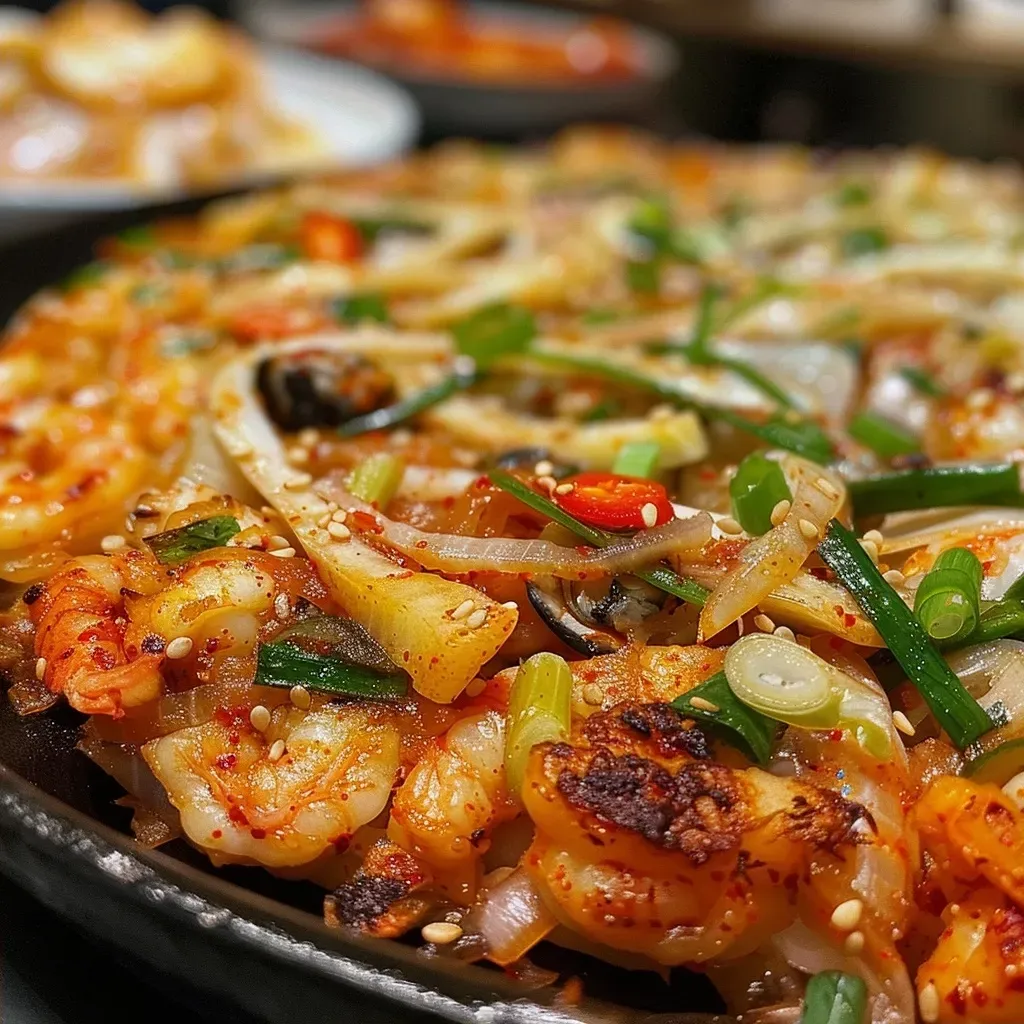 ['Close-up view of a juicy Haemul Pajeon, showcasing seafood and green onions.', 'Side view of a crispy Korean seafood pancake, garnished with scallions and chili.', 'Juicy Haemul Pajeon with a golden brown crust, highlighting mixed seafood ingredients.', 'Detailed image of Korean seafood pancake, featuring shrimp, squid, and sliced scallions.']