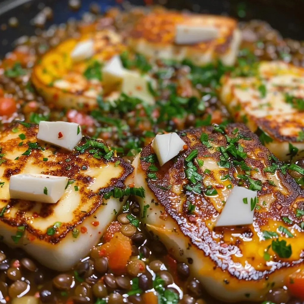 ['Close-up of grilled halloumi cheese on a bed of lemony lentils.', 'Side view of a plate featuring halloumi and lentils with lemon zest.', 'Juicy halloumi slices served with vibrant, lemony lentils.', 'Halloumi cheese with a garnish of lemon and lentils, captured in natural light.']