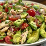 ['Close-up view of a vibrant avocado chicken salad with diced ingredients.', 'Side view of a healthy avocado chicken salad showcasing colorful vegetables and avocados.', 'Juicy avocado chicken salad arranged attractively, highlighting fresh ingredients.', 'Detailed shot of avocado chicken salad in a bowl, emphasizing textures and colors.']