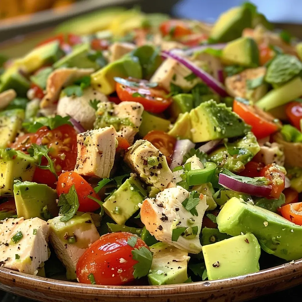 ['Close-up view of a vibrant avocado chicken salad with diced ingredients.', 'Side view of a healthy avocado chicken salad showcasing colorful vegetables and avocados.', 'Juicy avocado chicken salad arranged attractively, highlighting fresh ingredients.', 'Detailed shot of avocado chicken salad in a bowl, emphasizing textures and colors.']