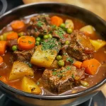 ['A close-up side view of a hearty beef stew with chunks of beef, vegetables, and broth.', 'A vibrant beef stew featuring tender beef chunks and colorful vegetables in a bowl.', 'A mouthwatering healthy beef stew, showcasing ingredients like carrots and potatoes.', 'A delicious serving of beef stew, highlighting its juicy texture and fresh ingredients.']