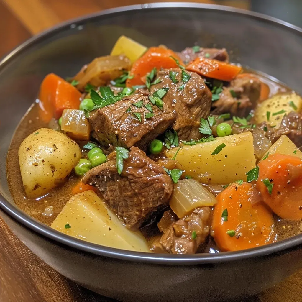 ['A close-up side view of a hearty beef stew with chunks of beef, vegetables, and broth.', 'A vibrant beef stew featuring tender beef chunks and colorful vegetables in a bowl.', 'A mouthwatering healthy beef stew, showcasing ingredients like carrots and potatoes.', 'A delicious serving of beef stew, highlighting its juicy texture and fresh ingredients.']