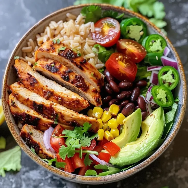 ['Close-up side view of a colorful Healthy Chicken Burrito Bowl filled with fresh ingredients.', 'Juicy chicken burrito bowl showcasing vibrant mixed greens, avocado, and beans.', 'A healthy chicken burrito bowl featuring cooked brown rice, fresh vegetables, and toppings.', 'Side view of a satisfying burrito bowl with chicken, avocado slices, and colorful toppings.']