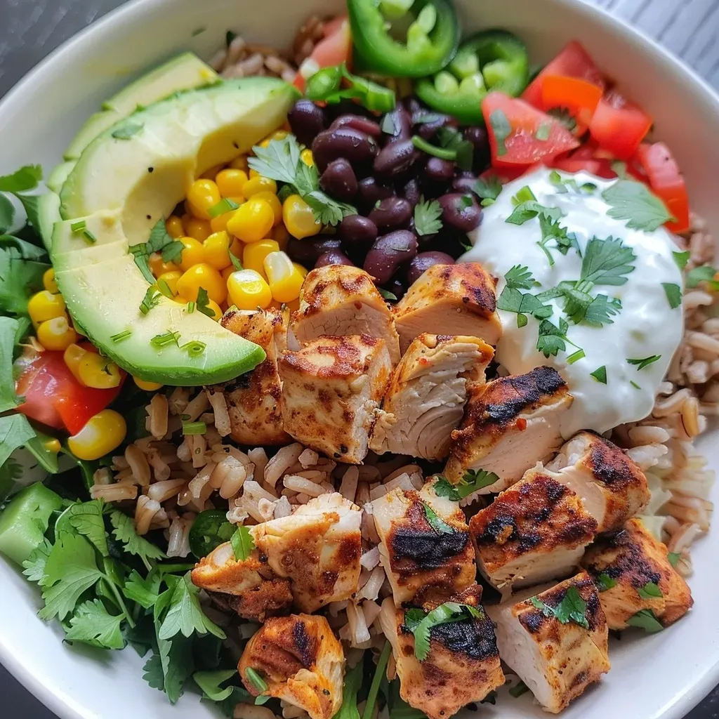 ['Close-up side view of a colorful Healthy Chicken Burrito Bowl filled with fresh ingredients.', 'Juicy chicken burrito bowl showcasing vibrant mixed greens, avocado, and beans.', 'A healthy chicken burrito bowl featuring cooked brown rice, fresh vegetables, and toppings.', 'Side view of a satisfying burrito bowl with chicken, avocado slices, and colorful toppings.']