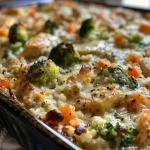 ['A close-up view of a healthy chicken rice casserole with visible broccoli and carrots.', 'Juicy and colorful chicken rice casserole dish captured from the side, highlighting its ingredients.', 'A side perspective of a baked chicken rice casserole, showcasing tender chicken and vibrant vegetables.', 'Delicious chicken rice casserole served in a dish, featuring brown rice, diced chicken, and fresh veggies.']