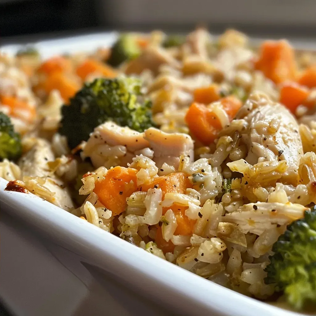 ['A close-up view of a healthy chicken rice casserole with visible broccoli and carrots.', 'Juicy and colorful chicken rice casserole dish captured from the side, highlighting its ingredients.', 'A side perspective of a baked chicken rice casserole, showcasing tender chicken and vibrant vegetables.', 'Delicious chicken rice casserole served in a dish, featuring brown rice, diced chicken, and fresh veggies.']