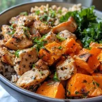 ['Close-up view of a healthy chicken and sweet potato rice bowl with vibrant colors.', 'Juicy chicken breast on a bed of rice and cubed sweet potatoes in a bowl.', 'Side perspective of a delicious rice bowl featuring chicken, sweet potatoes, and vegetables.', 'Colorful rice bowl showing tender chicken, sweet potato cubes, and brown rice.']