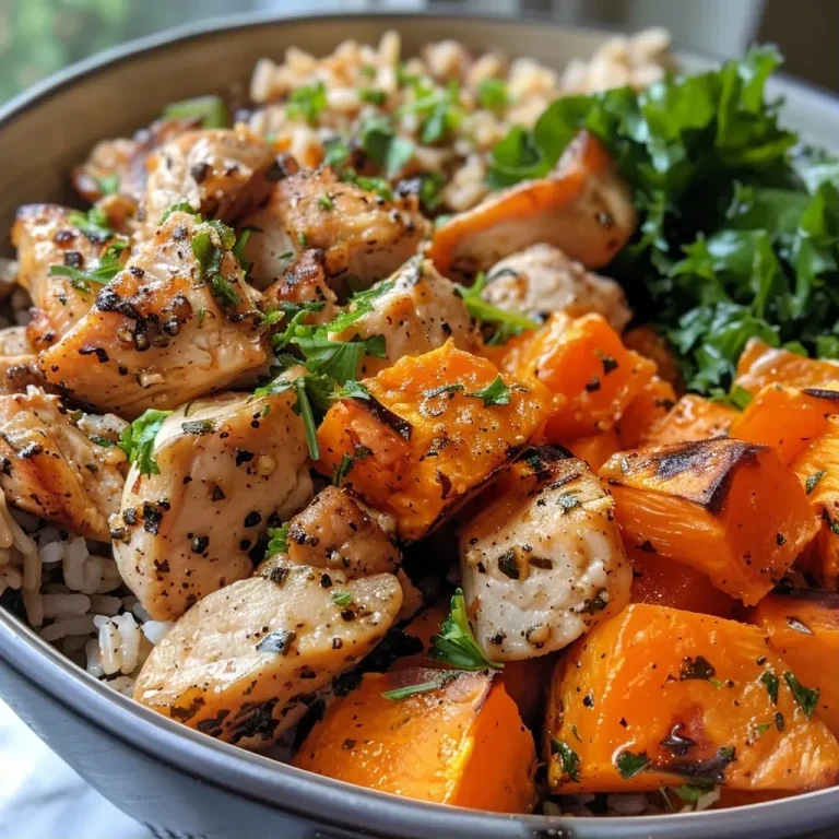 ['Close-up view of a healthy chicken and sweet potato rice bowl with vibrant colors.', 'Juicy chicken breast on a bed of rice and cubed sweet potatoes in a bowl.', 'Side perspective of a delicious rice bowl featuring chicken, sweet potatoes, and vegetables.', 'Colorful rice bowl showing tender chicken, sweet potato cubes, and brown rice.']