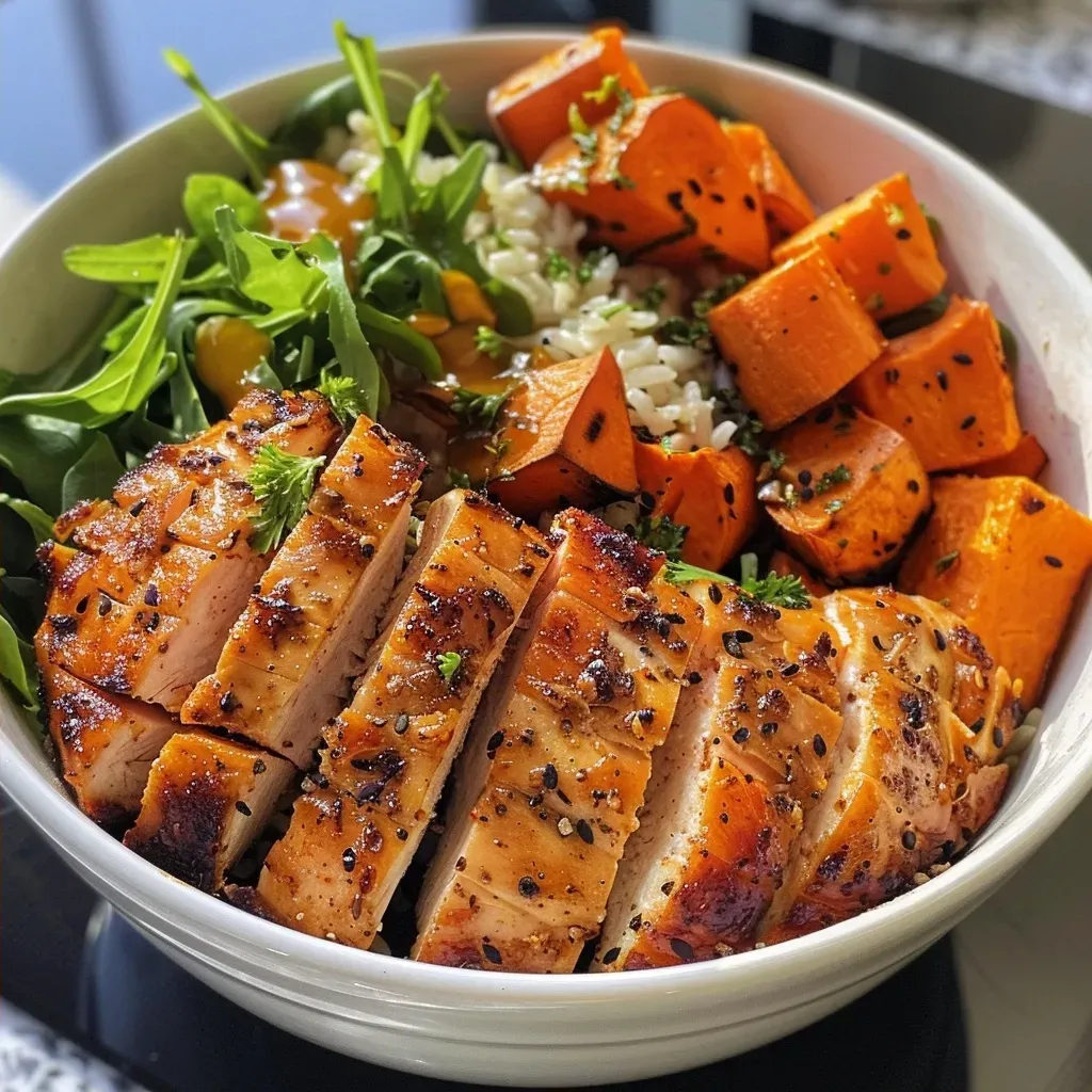 ['Close-up view of a healthy chicken and sweet potato rice bowl with vibrant colors.', 'Juicy chicken breast on a bed of rice and cubed sweet potatoes in a bowl.', 'Side perspective of a delicious rice bowl featuring chicken, sweet potatoes, and vegetables.', 'Colorful rice bowl showing tender chicken, sweet potato cubes, and brown rice.']