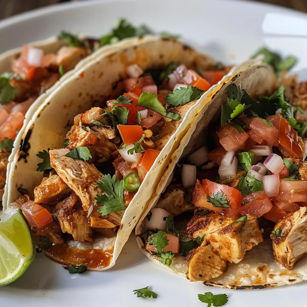 ['Close-up view of healthy crockpot chicken tacos filled with shredded chicken.', 'Side view of juicy chicken tacos topped with fresh ingredients on a plate.', 'Appetizing healthy chicken tacos in a soft tortilla with colorful salsa.', 'Delicious crockpot chicken tacos served with lime wedges, ready to eat.']
