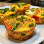 ['Close-up of baked Healthy Egg Muffins with colorful ingredients.', 'Juicy Healthy Egg Muffins featuring spinach and red bell pepper.', 'Side view of golden-brown Egg Muffins loaded with veggies.', 'Freshly baked Healthy Egg Muffins in a muffin tin, showcasing vibrant colors.']