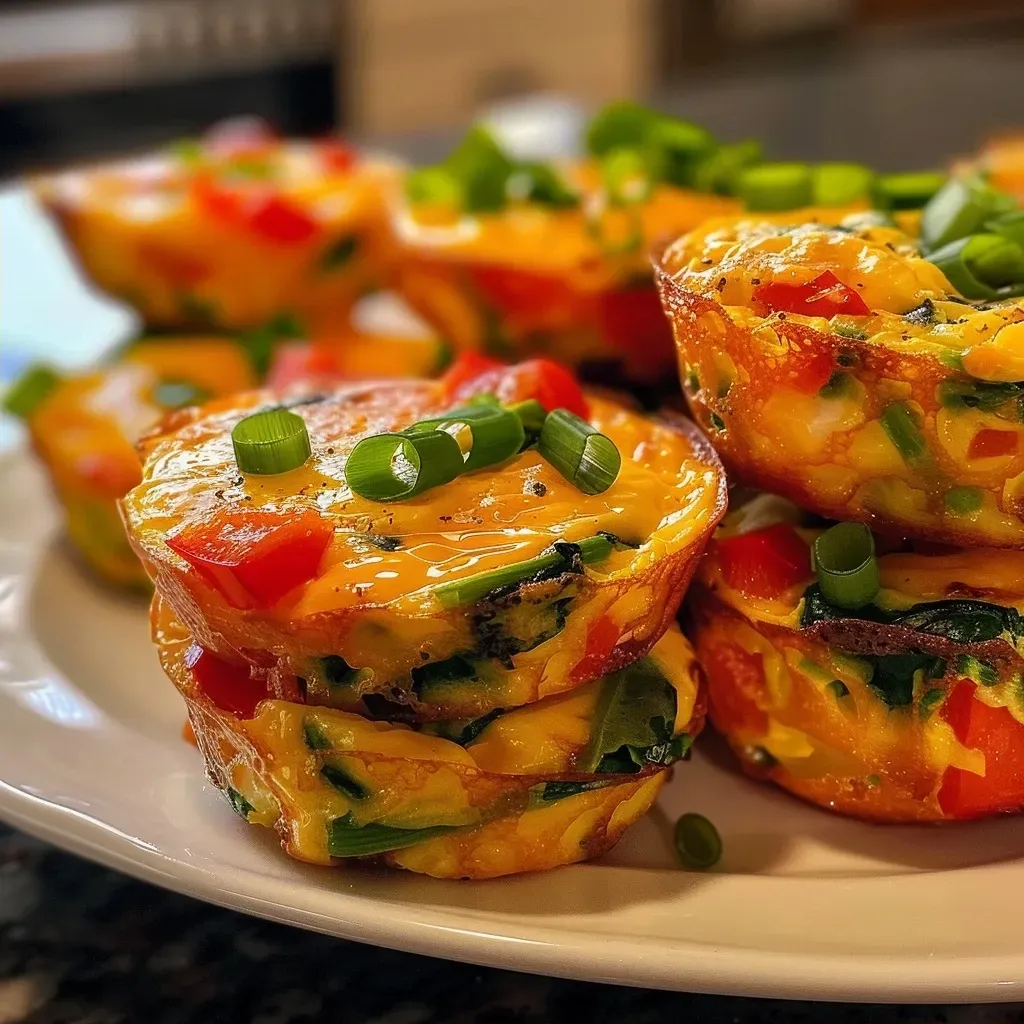 ['Close-up of baked Healthy Egg Muffins with colorful ingredients.', 'Juicy Healthy Egg Muffins featuring spinach and red bell pepper.', 'Side view of golden-brown Egg Muffins loaded with veggies.', 'Freshly baked Healthy Egg Muffins in a muffin tin, showcasing vibrant colors.']