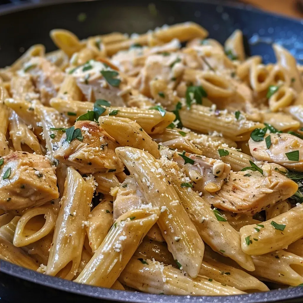 ['A close-up view of a bowl of Healthy Garlic Parmesan Chicken Pasta with chicken and spinach.', 'A side view of Garlic Parmesan chicken pasta showcasing the creamy texture and ingredients.', 'A vibrant plate of healthy chicken pasta highlighted by garlic, Parmesan cheese, and fresh spinach.', 'A detailed image of a serving of Garlic Parmesan Chicken Pasta, featuring juicy chicken and herbs.']