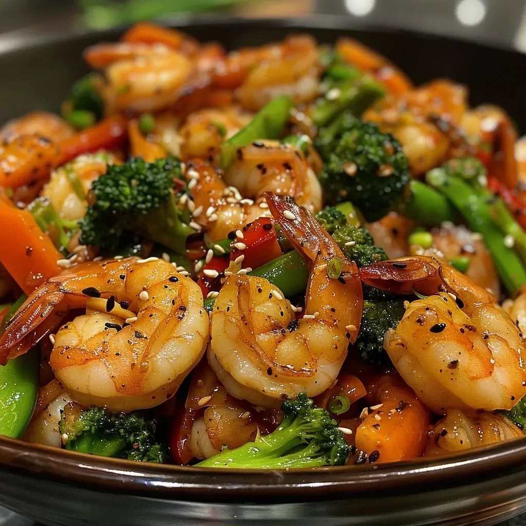 ['A vibrant plate of healthy garlic shrimp stir fry featuring colorful vegetables.', 'Close-up view of juicy garlic shrimp stir fry with mixed veggies on a white plate.', 'Side view of a delicious garlic shrimp stir fry garnished with fresh vegetables.', 'A bowl of garlic shrimp stir fry, showcasing shrimp, bell peppers, and broccoli.']