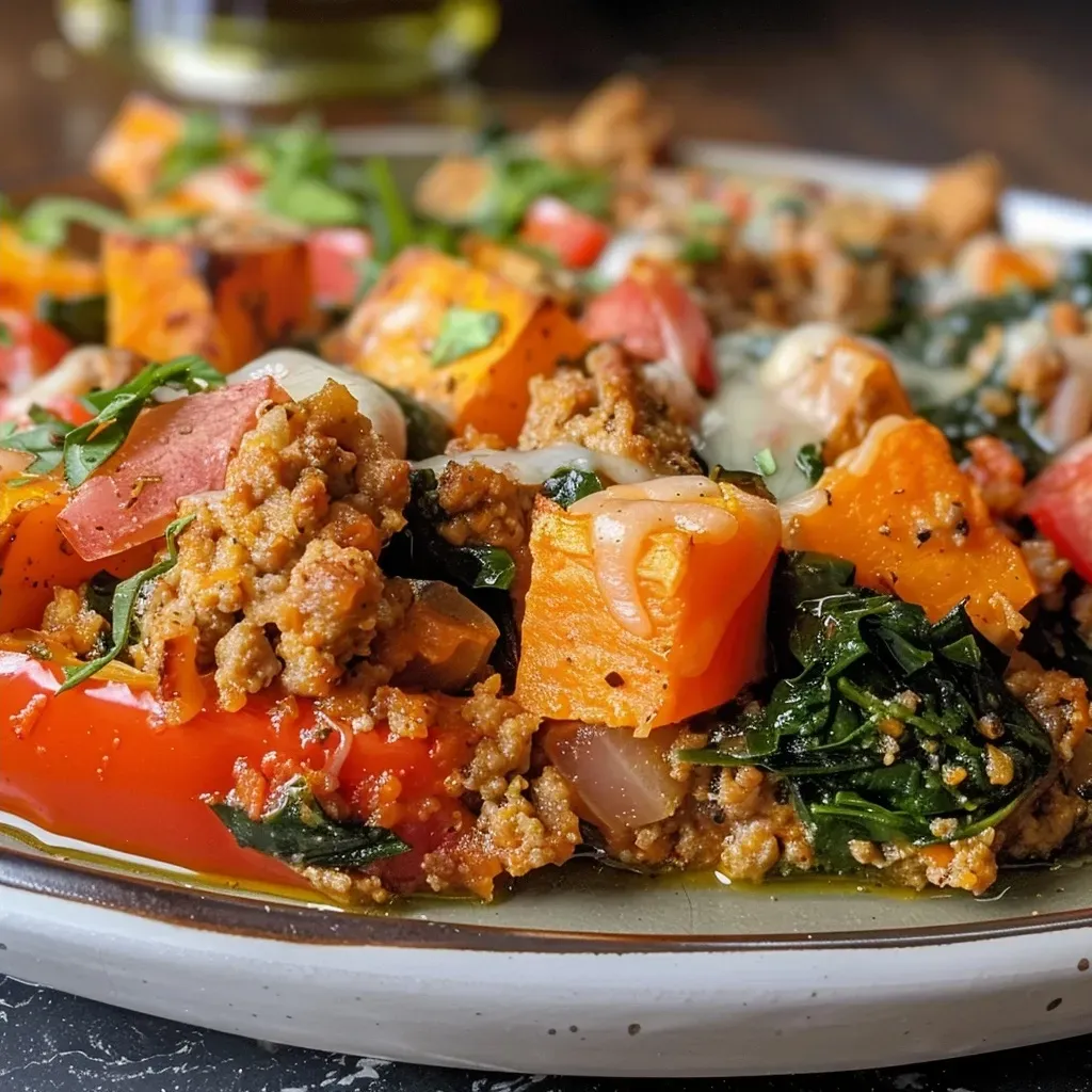 ['Close-up of a healthy baked dish featuring ground turkey and sweet potatoes.', 'Side view of a colorful healthy ground turkey sweet potato bake on a plate.', 'Juicy ground turkey mixed with diced sweet potatoes and fresh spinach in a casserole.', 'A vibrant and nutritious bake made with ground turkey, sweet potatoes, and vegetables.']