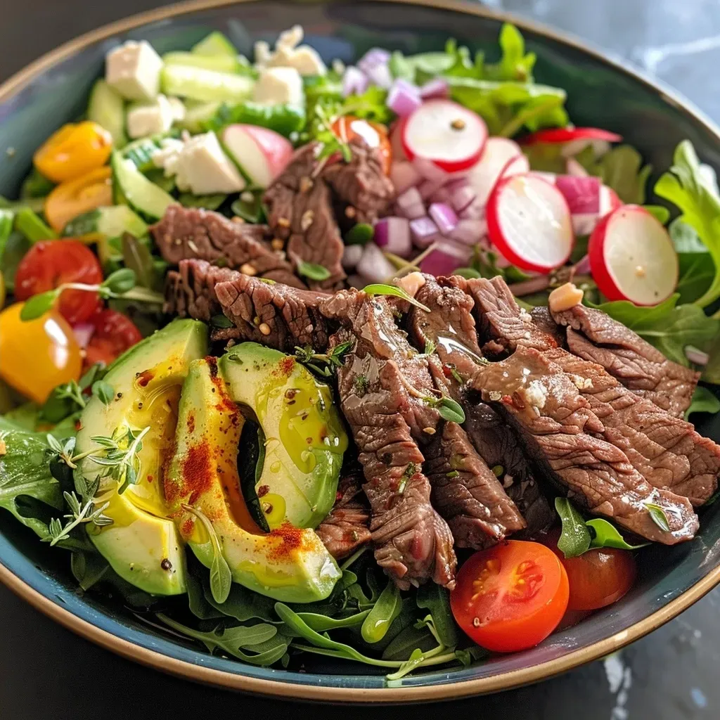 ['Close-up view of a colorful low-carb beef salad featuring mixed greens and vegetables.', 'Side view of a healthy beef salad with lean beef, fresh greens, and vibrant toppings.', 'Juicy beef salad highlighted with cucumbers, cherry tomatoes, and avocado slices.', 'Detailed shot of a low-carb salad showcasing sliced beef, mixed greens, and feta cheese.']
