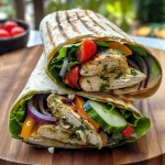 ['A close-up side view of a Healthy Mediterranean Chicken Wrap filled with vibrant vegetables and grilled chicken, resting on a wooden surface.', 'A delicious Mediterranean Chicken Wrap featuring bright colors from tomatoes, cucumbers, and greens, showcasing juicy chicken.', 'A colorful Healthy Mediterranean Chicken Wrap with grilled chicken and fresh veggies, presented in a natural setting.', 'A side view of a Mediterranean Chicken Wrap, highlighting fresh ingredients like spinach, bell peppers, and feta cheese.']