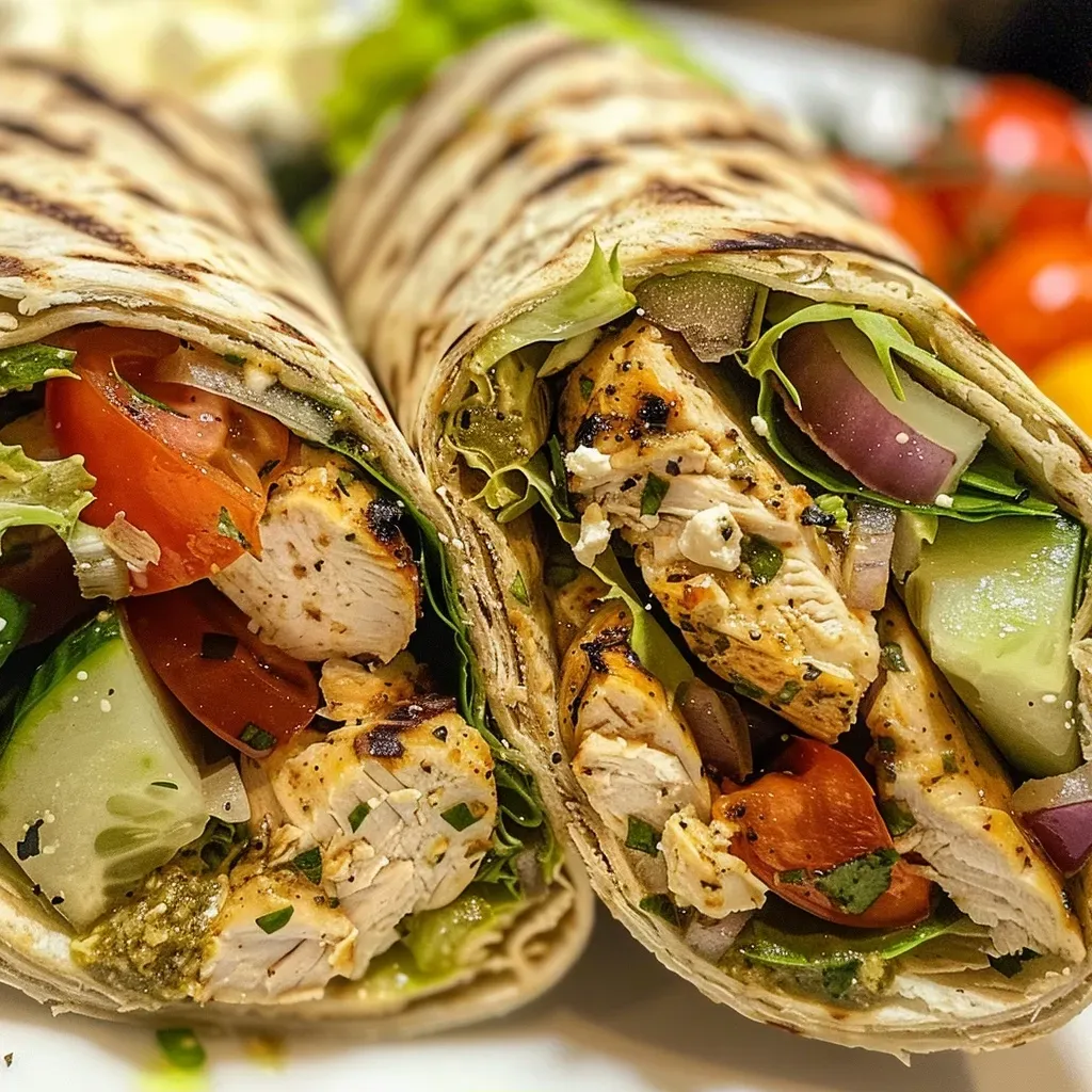 ['A close-up side view of a Healthy Mediterranean Chicken Wrap filled with vibrant vegetables and grilled chicken, resting on a wooden surface.', 'A delicious Mediterranean Chicken Wrap featuring bright colors from tomatoes, cucumbers, and greens, showcasing juicy chicken.', 'A colorful Healthy Mediterranean Chicken Wrap with grilled chicken and fresh veggies, presented in a natural setting.', 'A side view of a Mediterranean Chicken Wrap, highlighting fresh ingredients like spinach, bell peppers, and feta cheese.']