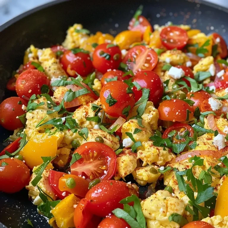 ['Close-up of Mediterranean scrambled eggs with cherry tomatoes and bell peppers.', 'Vibrant side view of eggs mixed with colorful vegetables and feta cheese.', 'Healthy scrambled eggs featuring red onion, parsley, and a drizzle of olive oil.', 'Delicious Mediterranean-style scrambled eggs garnished with fresh herbs and spices.']