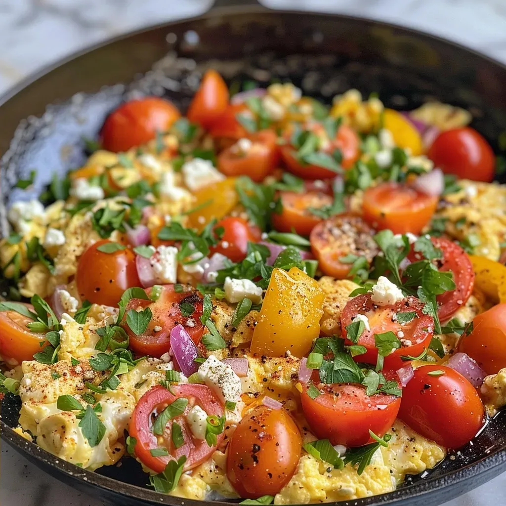 ['Close-up of Mediterranean scrambled eggs with cherry tomatoes and bell peppers.', 'Vibrant side view of eggs mixed with colorful vegetables and feta cheese.', 'Healthy scrambled eggs featuring red onion, parsley, and a drizzle of olive oil.', 'Delicious Mediterranean-style scrambled eggs garnished with fresh herbs and spices.']
