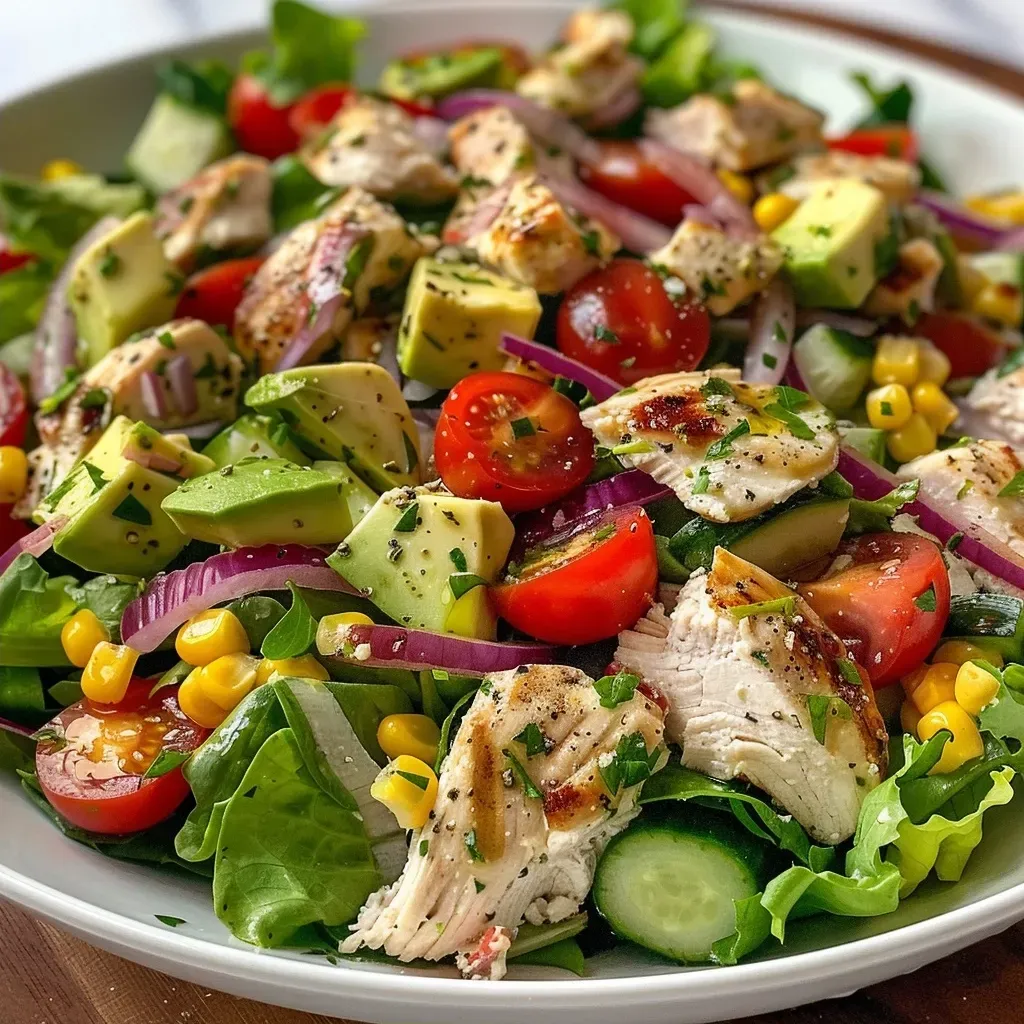 ['Close-up view of a vibrant Healthy Ranch Chicken Salad with colorful ingredients.', 'Side-angle photo of a Fresh Ranch Chicken Salad featuring chicken, greens, and vegetables.', 'Detailed close-up of a Healthy Chicken Salad showcasing greens, tomatoes, and a creamy dressing.', 'A mouthwatering display of Healthy Ranch Chicken Salad loaded with fresh veggies and herbs.']