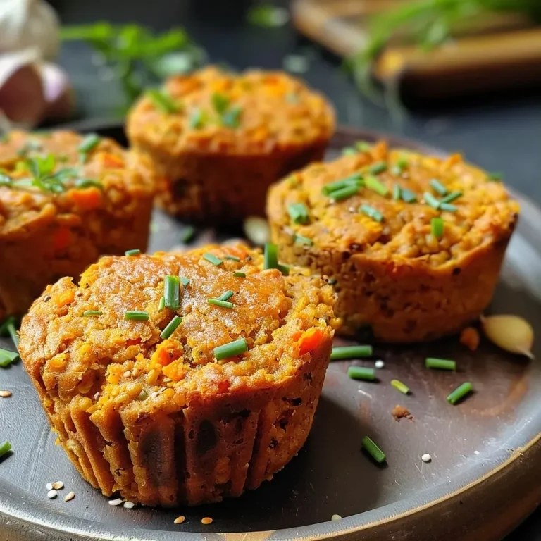 ['Close-up side view of healthy red lentil muffins with a golden-brown crust.', 'Juicy red lentil muffins displayed on a wooden table, showcasing their texture.', 'A side view of delicious red lentil muffins, highlighting the chives and lentils.', 'Healthy muffins made from red lentils, with visible ingredients like carrots and flax seeds.']