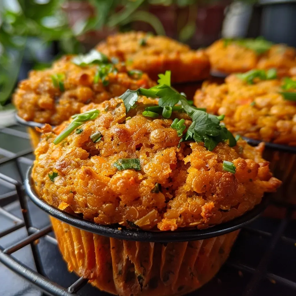 ['Close-up side view of healthy red lentil muffins with a golden-brown crust.', 'Juicy red lentil muffins displayed on a wooden table, showcasing their texture.', 'A side view of delicious red lentil muffins, highlighting the chives and lentils.', 'Healthy muffins made from red lentils, with visible ingredients like carrots and flax seeds.']