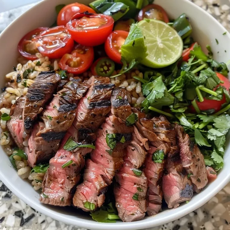 ['Close-up view of a healthy steak bowl featuring sliced flank steak, vibrant vegetables, and a lime wedge.', 'Side view of a flavorful steak bowl with tender beef, fresh greens, and a drizzle of olive oil.', 'Juicy steak bowl filled with cooked sirloin, colorful toppings, and lime juice on a textured surface.', 'A healthy steak bowl showcasing marinated steak slices atop a bed of mixed vegetables in a vibrant dish.']