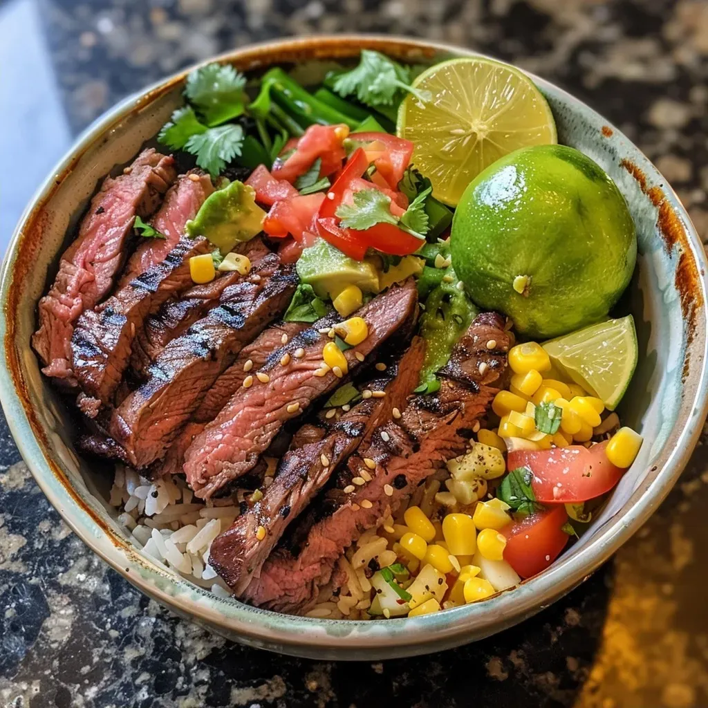 ['Close-up view of a healthy steak bowl featuring sliced flank steak, vibrant vegetables, and a lime wedge.', 'Side view of a flavorful steak bowl with tender beef, fresh greens, and a drizzle of olive oil.', 'Juicy steak bowl filled with cooked sirloin, colorful toppings, and lime juice on a textured surface.', 'A healthy steak bowl showcasing marinated steak slices atop a bed of mixed vegetables in a vibrant dish.']