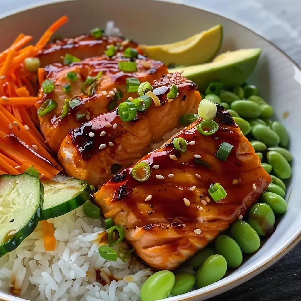 ['Close-up view of a Healthy Sweet Chili Salmon Bowl topped with fresh vegetables.', 'Side view of a vibrant bowl filled with salmon, rice, and colorful vegetables.', 'Juicy salmon fillet resting on jasmine rice, garnished with sliced cucumber and avocado.', 'A healthy meal featuring salmon and an assortment of vegetables in a bowl.']