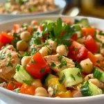 ['A close-up view of a colorful healthy tuna salad featuring chopped vegetables and chickpeas.', 'Side view of a vibrant tuna salad with red bell peppers, cucumbers, and olives in a bowl.', 'A fresh tuna salad showcasing ingredients like tomatoes, parsley, and chickpeas on a wooden table.', 'A mouth-watering healthy tuna salad displayed in a bowl, highlighting its colorful vegetables.']