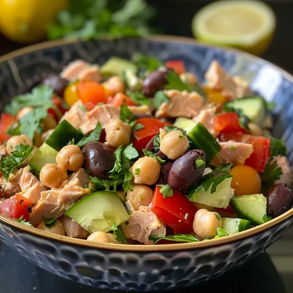 ['A close-up view of a colorful healthy tuna salad featuring chopped vegetables and chickpeas.', 'Side view of a vibrant tuna salad with red bell peppers, cucumbers, and olives in a bowl.', 'A fresh tuna salad showcasing ingredients like tomatoes, parsley, and chickpeas on a wooden table.', 'A mouth-watering healthy tuna salad displayed in a bowl, highlighting its colorful vegetables.']