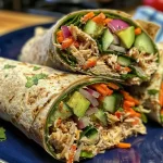 ['A close-up view of two healthy tuna wraps filled with fresh ingredients.', 'Side view of delicious tuna wraps showcasing colorful vegetables and tuna filling.', 'Juicy tuna wraps with avocado, red onion, and cucumber, captured in detail.', 'Two wrapped tuna sandwiches filled with sliced vegetables, displayed attractively.']