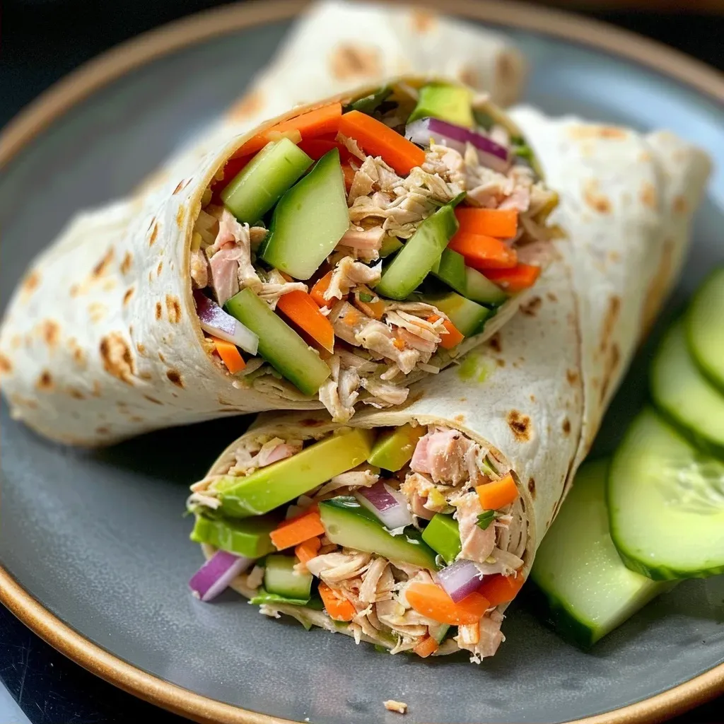 ['A close-up view of two healthy tuna wraps filled with fresh ingredients.', 'Side view of delicious tuna wraps showcasing colorful vegetables and tuna filling.', 'Juicy tuna wraps with avocado, red onion, and cucumber, captured in detail.', 'Two wrapped tuna sandwiches filled with sliced vegetables, displayed attractively.']