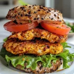 ['Juicy air fryer chicken breast sandwich with lettuce and tomato.', 'Close-up of a high protein chicken sandwich on a whole wheat bun.', 'Side view of a sandwich featuring crispy air-fried chicken and fresh toppings.', 'A delicious chicken breast sandwich with condiments, captured from an iPhone.']