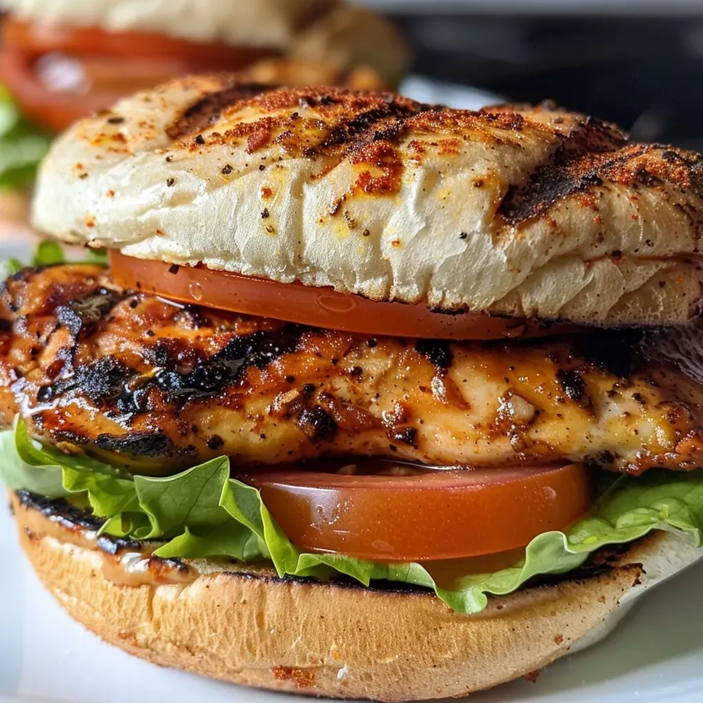['Juicy air fryer chicken breast sandwich with lettuce and tomato.', 'Close-up of a high protein chicken sandwich on a whole wheat bun.', 'Side view of a sandwich featuring crispy air-fried chicken and fresh toppings.', 'A delicious chicken breast sandwich with condiments, captured from an iPhone.']