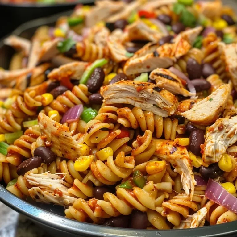 ['Close-up view of a colorful BBQ chicken pasta salad loaded with ingredients.', 'Juicy High Protein BBQ chicken pasta salad in a bowl with vibrant colors.', 'Side view of a fresh pasta salad featuring grilled chicken, beans, and corn.', 'Brightly colored pasta salad with BBQ chicken, black beans, and veggies.']