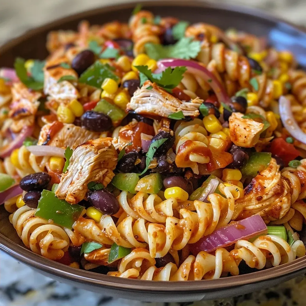 ['Close-up view of a colorful BBQ chicken pasta salad loaded with ingredients.', 'Juicy High Protein BBQ chicken pasta salad in a bowl with vibrant colors.', 'Side view of a fresh pasta salad featuring grilled chicken, beans, and corn.', 'Brightly colored pasta salad with BBQ chicken, black beans, and veggies.']