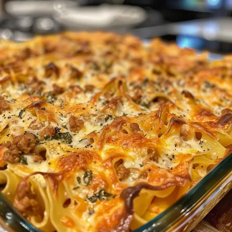 ['Close-up side view of a creamy beef pasta bake with cheese and spinach.', 'Juicy beef pasta bake with fettuccine, heavy cream, and grated Parmesan.', 'Mouthwatering pasta bake featuring ground beef, spinach, and a creamy sauce.', 'Deliciously baked fettuccine with ground beef and a rich creamy topping.']