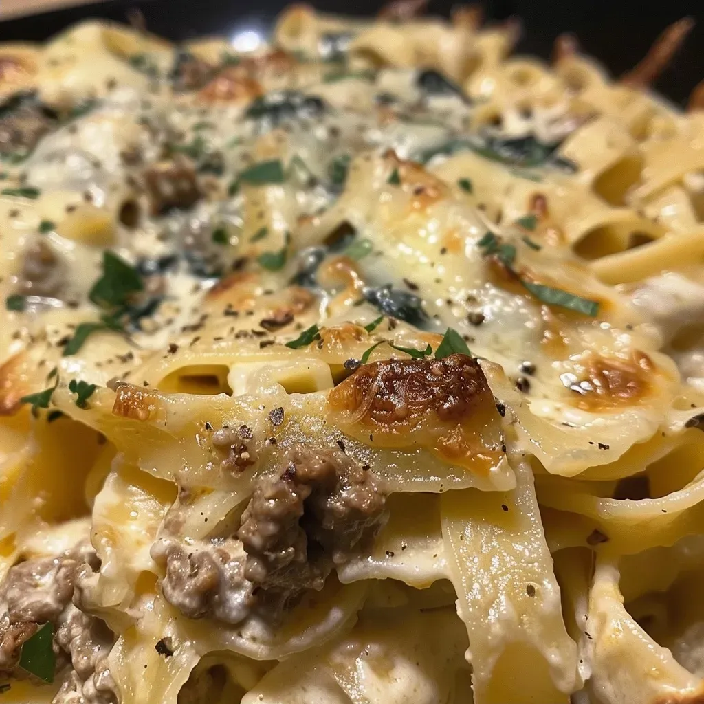 ['Close-up side view of a creamy beef pasta bake with cheese and spinach.', 'Juicy beef pasta bake with fettuccine, heavy cream, and grated Parmesan.', 'Mouthwatering pasta bake featuring ground beef, spinach, and a creamy sauce.', 'Deliciously baked fettuccine with ground beef and a rich creamy topping.']