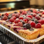 ['Close-up of a baked dish with berries and golden crust.', 'Side view of a berry-infused bake with a creamy texture.', 'Delicious berry bake featuring a light golden top and vibrant berries.', 'High protein berry bake in a baking dish showcasing fresh berries.']