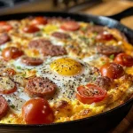 ['A close-up view of a high-protein sausage egg breakfast bake with colorful ingredients.', 'Side view of a golden-brown breakfast bake, showcasing sausage, eggs, and veggies.', 'Juicy breakfast casserole featuring chicken sausage, eggs, and cherry tomatoes.', 'A hearty breakfast bake with a mix of eggs, sausage, and peppers, presented in a dish.']