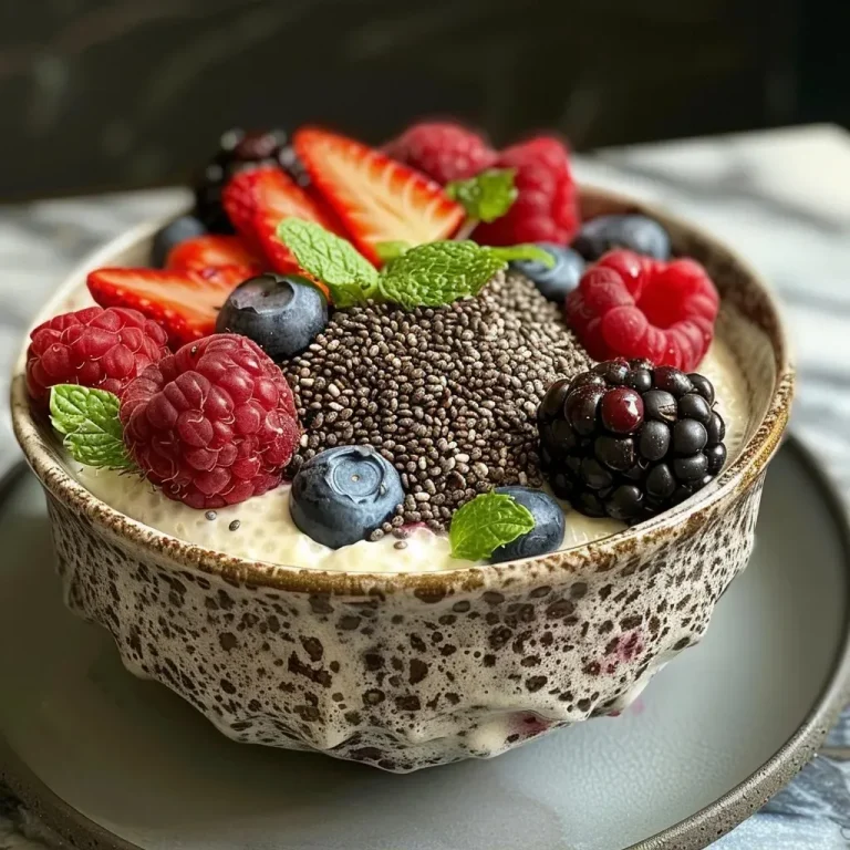 ['A close-up view of a creamy chia pudding with berries, set in a stylish bowl.', 'Side view of a high protein chia pudding, showcasing layers of cottage cheese and berries.', 'A rich and textured chia pudding with a vibrant assortment of fresh berries on top.', 'Delicious high protein chia pudding in a clear bowl, demonstrating its creamy consistency and berry toppings.']