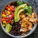 ['Close-up view of a colorful chicken burrito bowl topped with avocado and cilantro.', 'Side view of a high-protein chicken burrito bowl filled with rice, beans, corn, and vegetables.', 'Juicy chicken burrito bowl garnished with fresh cilantro and lime wedges on the side.', 'Vibrant chicken burrito bowl featuring diced chicken, bell peppers, onions, and avocado.']