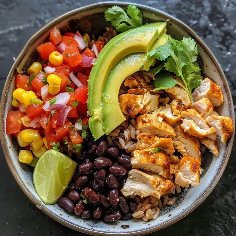 ['Close-up view of a colorful chicken burrito bowl topped with avocado and cilantro.', 'Side view of a high-protein chicken burrito bowl filled with rice, beans, corn, and vegetables.', 'Juicy chicken burrito bowl garnished with fresh cilantro and lime wedges on the side.', 'Vibrant chicken burrito bowl featuring diced chicken, bell peppers, onions, and avocado.']