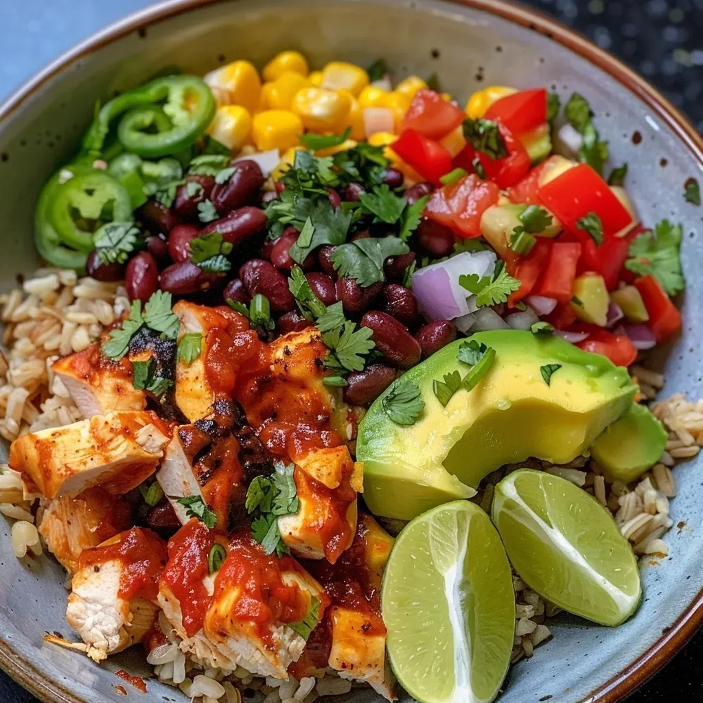 ['Close-up view of a colorful chicken burrito bowl topped with avocado and cilantro.', 'Side view of a high-protein chicken burrito bowl filled with rice, beans, corn, and vegetables.', 'Juicy chicken burrito bowl garnished with fresh cilantro and lime wedges on the side.', 'Vibrant chicken burrito bowl featuring diced chicken, bell peppers, onions, and avocado.']