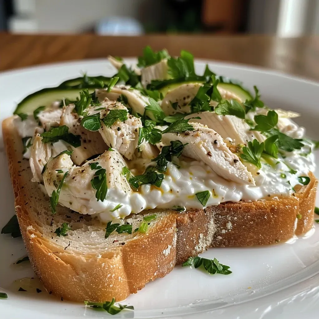 ['Close-up view of a high-protein chicken and cucumber toast topped with cottage cheese and parsley.', 'Side angle of a delicious chicken cucumber toast garnished with creamy cottage cheese and fresh herbs.', 'Juicy grilled chicken slices and cucumber on high-protein toast with a dollop of cottage cheese.', 'Detailed image of a nutritious chicken cucumber toast showcasing vibrant toppings and high-protein bread.']